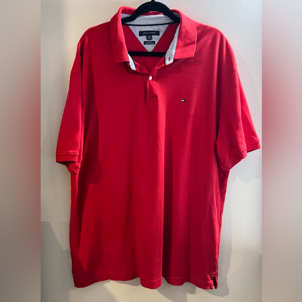 Tommy Hilfiger Men's Bright Red Polo with Chest Flag Logo (Custom Fit)